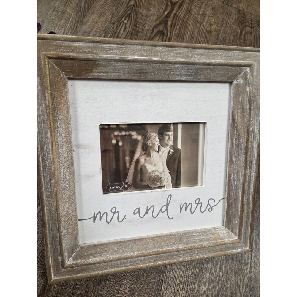 Mudpie Mr + Mrs Wedding Bride Groom Square Whitewashed Picture Frame Gift - Picture 2 of 4